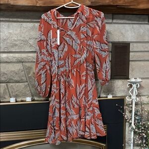THML Rust Feather Print Long Sleeve Dress